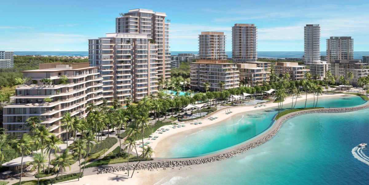 Bay Grove Residences beachfront towers and Crystal Beach at Dubai Islands by Nakheel