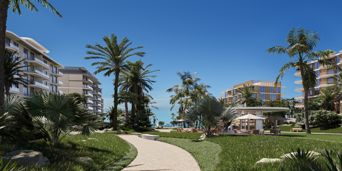 Landscaped podium gardens and palm walkways at Bay Grove Residences
