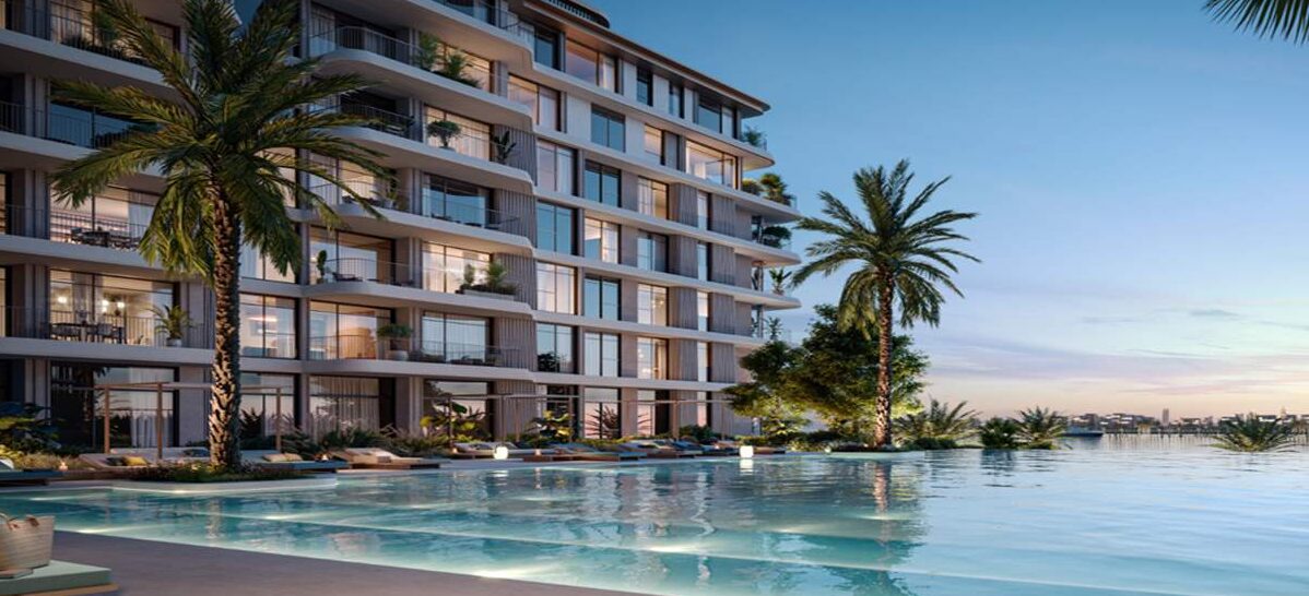 Bay Grove Residences infinity pool deck at dusk, Dubai Islands