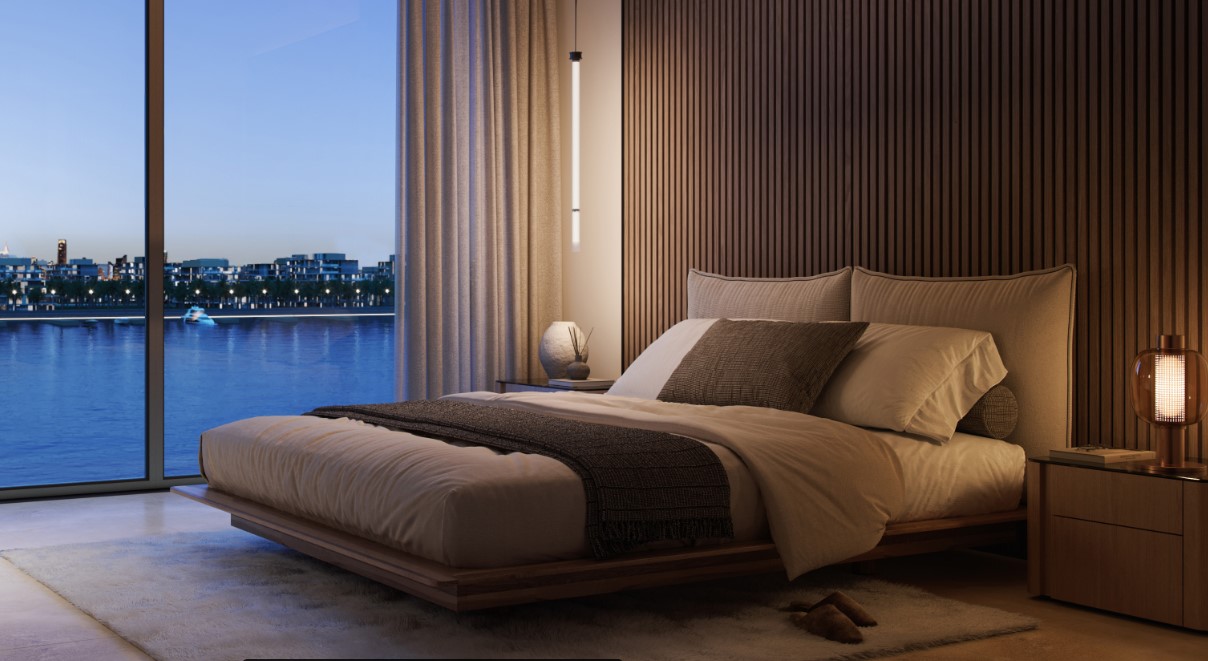 Bay Grove bedroom overlooking the marina at night