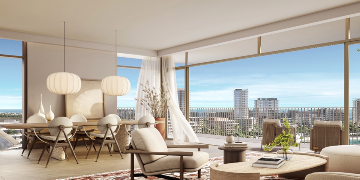 Bay Grove apartment living and dining room with water views